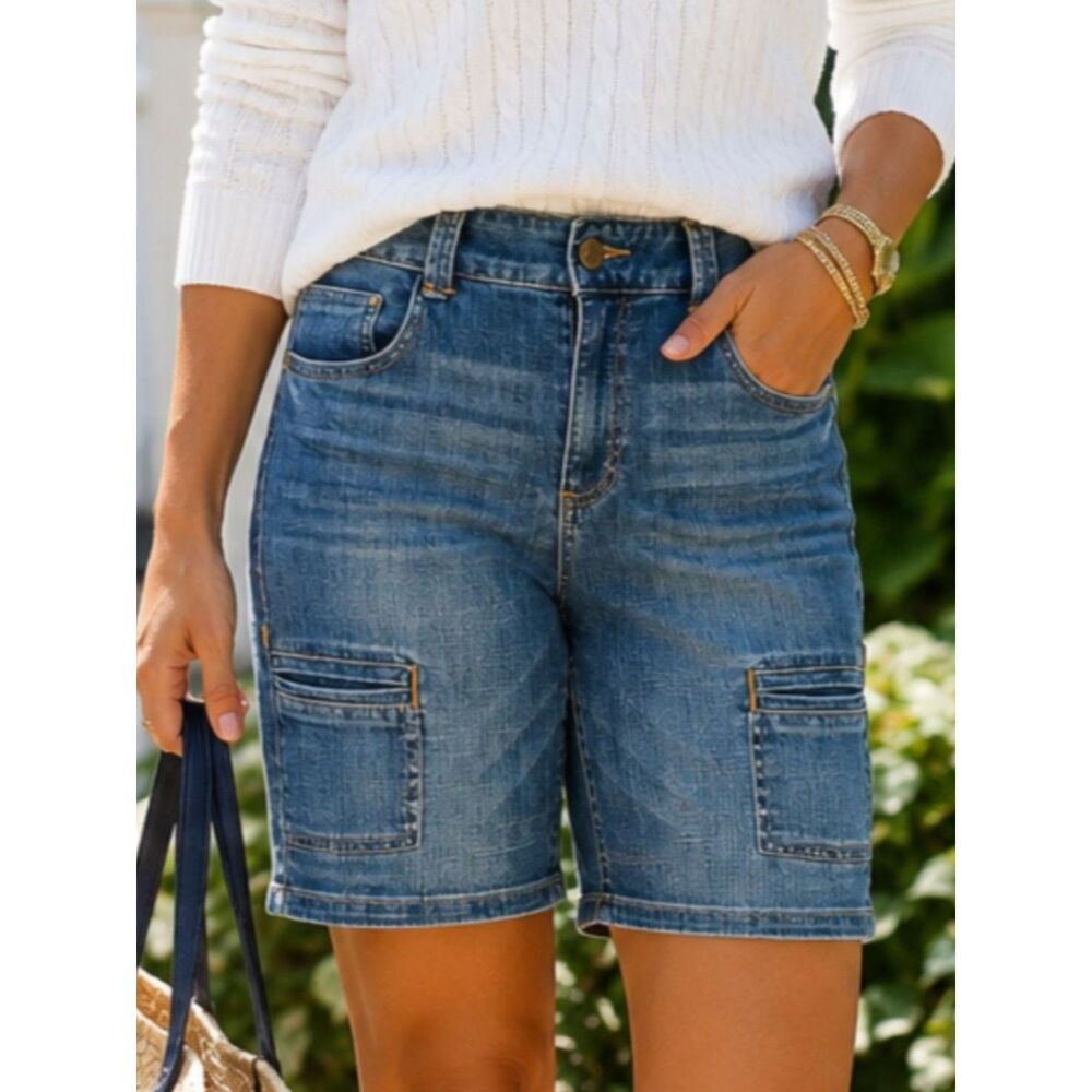 Tommy Hilfiger Denim Bermuda Boyfriend Shorts Women Size 6 Stretch Blue Casual